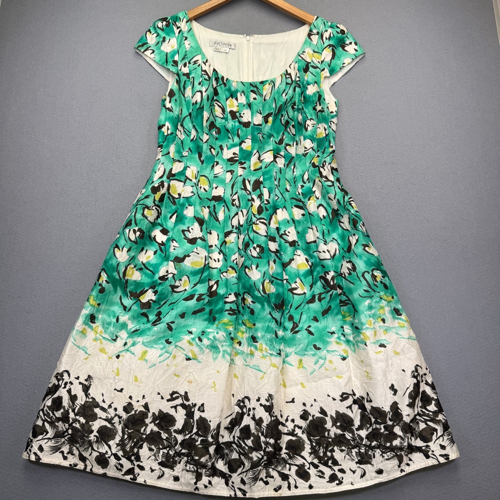 Kay Unger New York Green‎ Floral Fit Flare Dress Cap Sleeve Size 10 8262